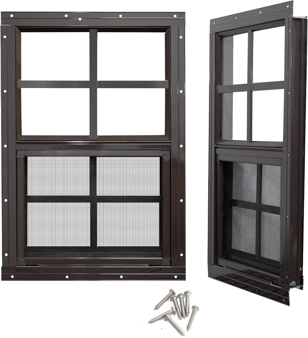 NeatiEase 2 Pack Shed Window with Black Frame, 12x 18 Flush Mount Small Window with Tempered Glass and Fiberglass Screen for Shed, Chicken Coop, Playhouse, Household, Garage (Brown)