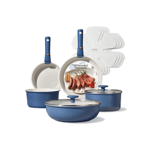 CAROTE 49pcs Pots and Pans Set, Nonstick Cookware Set with Bakeware Induction Kitchen Set with Silicone Lids, Easy Food Release, All-Stovetop Compatible, with Knife Set, Blue