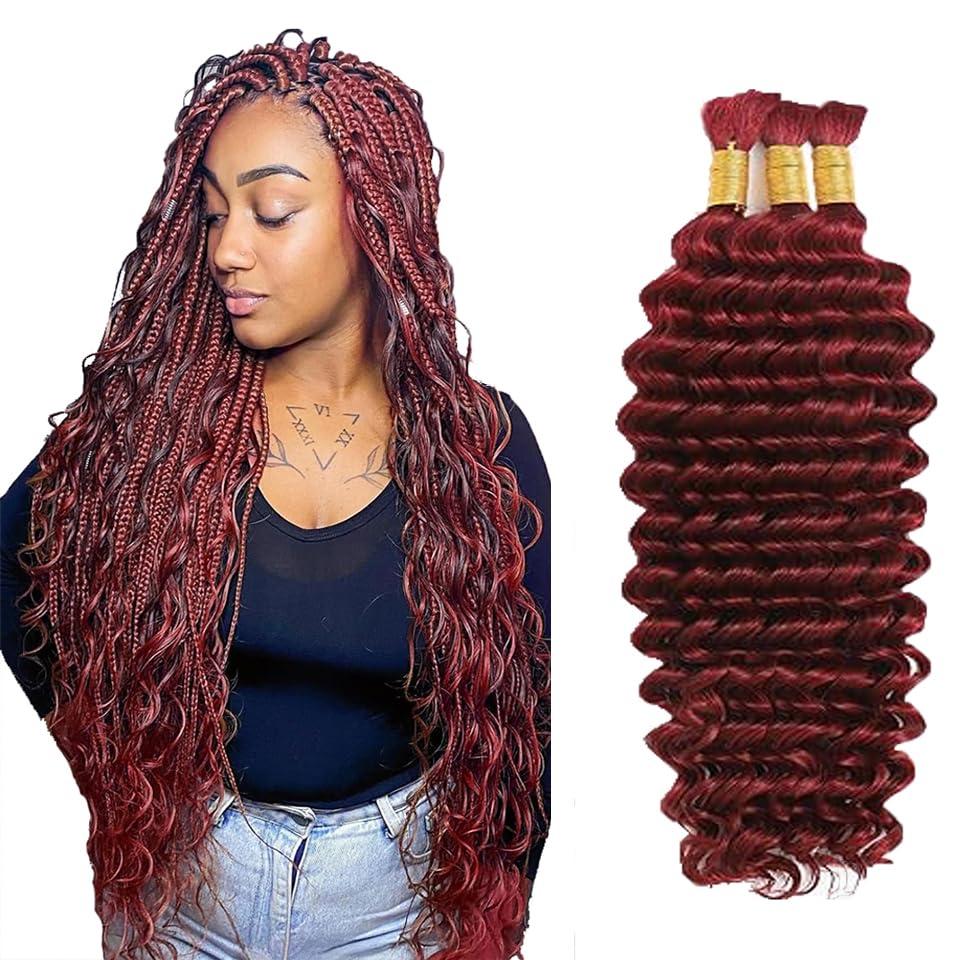 #99J Burgundy Human Braiding Hair Deep Wave Bulk 16 16 16 Inch Light Wine Red Deep Wave Braids Human Hair Extensions Unprocessed Virgin Remy Hair 3 Bundle 50 Gram Per Bundle