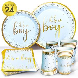 Sweet Baby Co. Oh Baby Boy Shower Plates and Napkins Boy Decorations for 24 with Its a Boy Paper Plate, Napkin, Cups Babyshower Tableware Set Gender Reveal Party Supplies Birthday (Light Blue, Gold)
