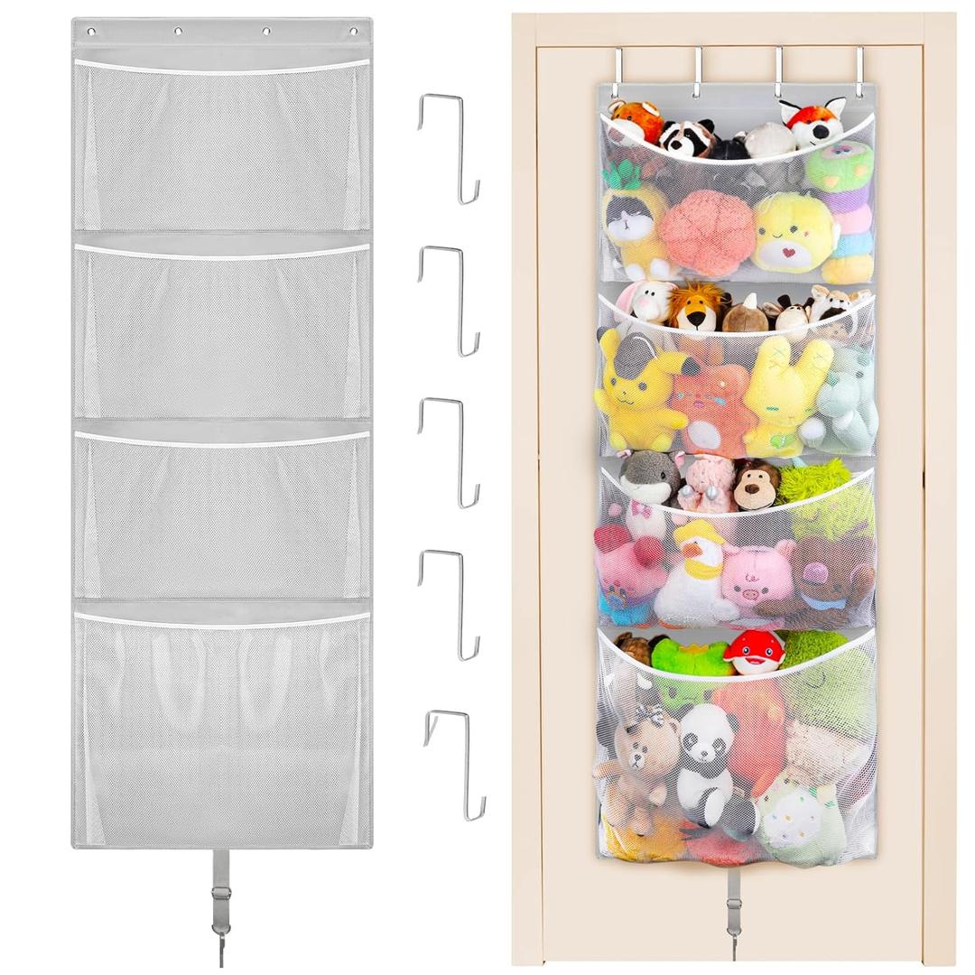 Hanging Stuffed Animal Storage, Over Door Large Plush Toy Organizer with Metal Hook, Baby Accessory Holder Idea for Nursery, Doll & Bear Mesh Hammock Bag for Girl Boy Kid Room (Grey)