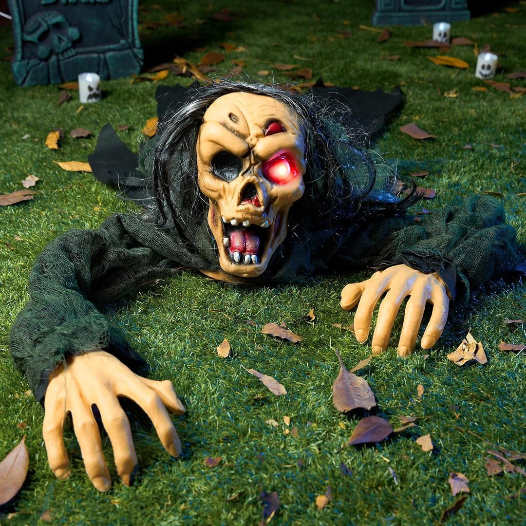JOYIN Halloween Outdoor Decoration Zombie Groundbreaker, Outside Halloween Graveyard Decor, Zombie Prop with Creepy Sound and Glowing Eyes, Scary Groundbreaker Decorations for Lawn Yard Haunted House