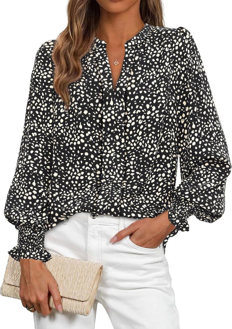 MASCOMODA Womens Boho Floral Long Sleeve Tops Spring Fashion 2026 V Neck Loose Chiffon Work Blouses Dressy Casual Shirts Medium