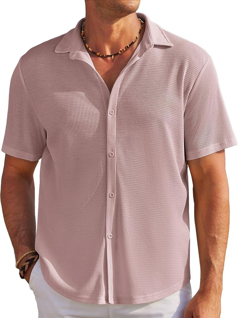 COOFANDY Men's Casual Shirts Short Sleeve Waffle Knit Button Down Shirt Wrinkle Free Summer Beach Tops (Pink, M)