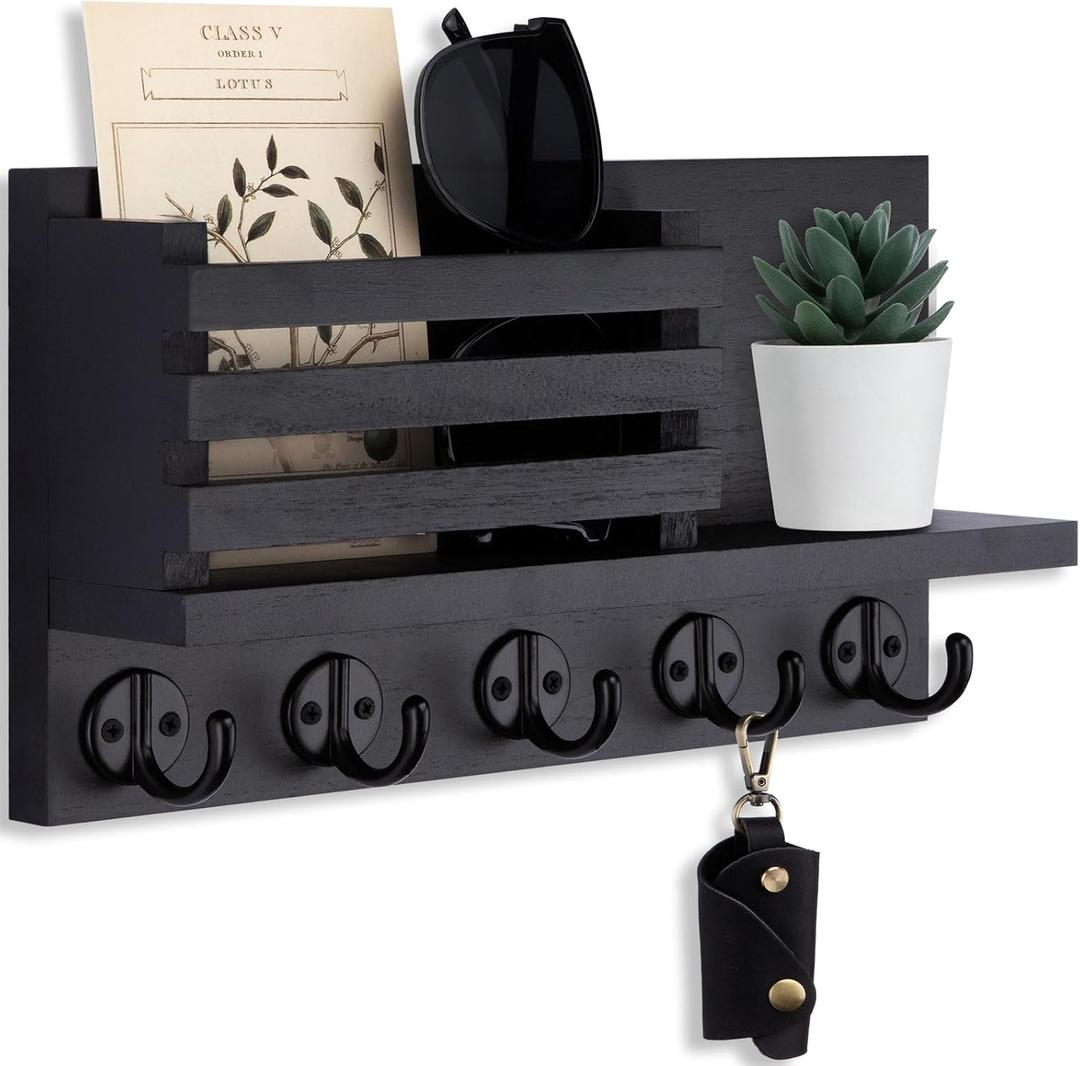 Lwenki Key Holder for Wall Decorative Wooden Mail Holder and Key Shelf with Mounting Hardware, Installation Guide Paulownia Wood with Metal Key Hooks (Black, Large - 11.8inch)