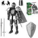 Medieval Knight Action Figure, Multi-Jointed Movable Knight Armor Figure with Weapons, Collectible Desktop Decor for History Enthusiasts & RPG Gamers, Assembly Required (Black+Silver)