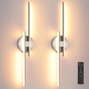 Battery Operated Wall Sconce Set of 2, Brushed Nickel 23.6" 3000K-6500K Dimmable Wall Sconces with Remote Control, Wireless Wall Light Rechargeable for Bedroom Hallway Living Room Background