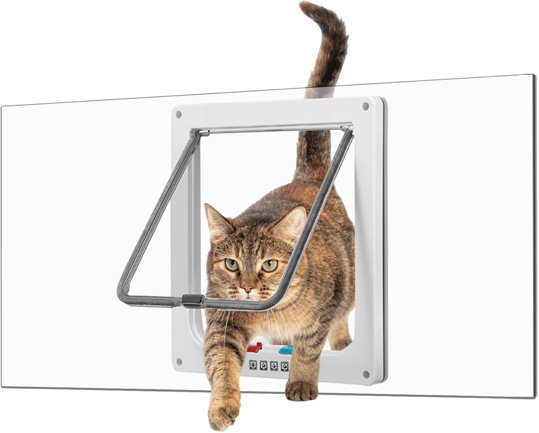 Cat Door for Window, Fits 14"-24" Width Window, Cat Window Door with 4 Locking Modes, Weatherproof Window Cat Door Insert, Magnetic Closure, Easy Installation, Clear Plexiglass