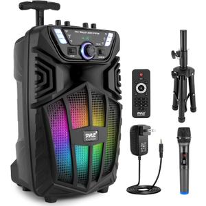 Pyle 8’’ Portable Bluetooth PA Speaker Kit with Wireless Mic, Speaker Stand, and LED Lights, MP3/USB/FM Radio, Aux Input, Bluetooth 5.0, 9.3’’x7.8’’x14.3’’ Inch Wireless Stereo, Event Ready