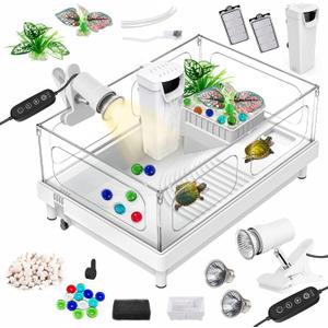 Small Turtle Tank Kit(Tank+Lamp+Filter), Acrylic Turtle Starter Kit with Adjustable Lamp, Reptile Habitat and Terrarium with Multi-Functional Areas for Small Reptiles. (White Kit)