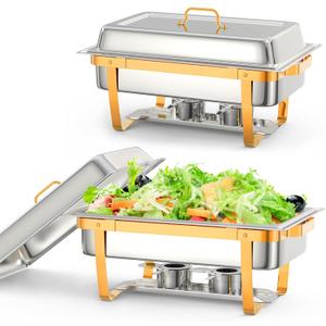 Chafing Dish Buffet Set, 8QT 2 Pack, Rectangle Chafing Dishes for Buffet w/Lid Holder, Stainless Steel Chafer Food Warmers Servers for Kitchen Party Banquet Dining, Gold