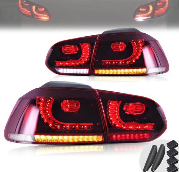 YUANZHENG LED Tail Lights For 2010-2014 Golf 6 MK6 GTI & 2012 2013 Golf R, LED Rear Lamp Assembly with Sequential Turn Signal, Red & Clear lens, Not For Convertible, Red clear