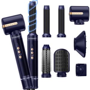Blow Dryer Brush 7inONE,110000RPM High-Speed Negative Ionic Hair Dryer with Diffuser Concentrator,Curling Iron Hair Straightener Round Brush Blow Out Magic Styler,Volumizing Air Styler (Blue Gold)