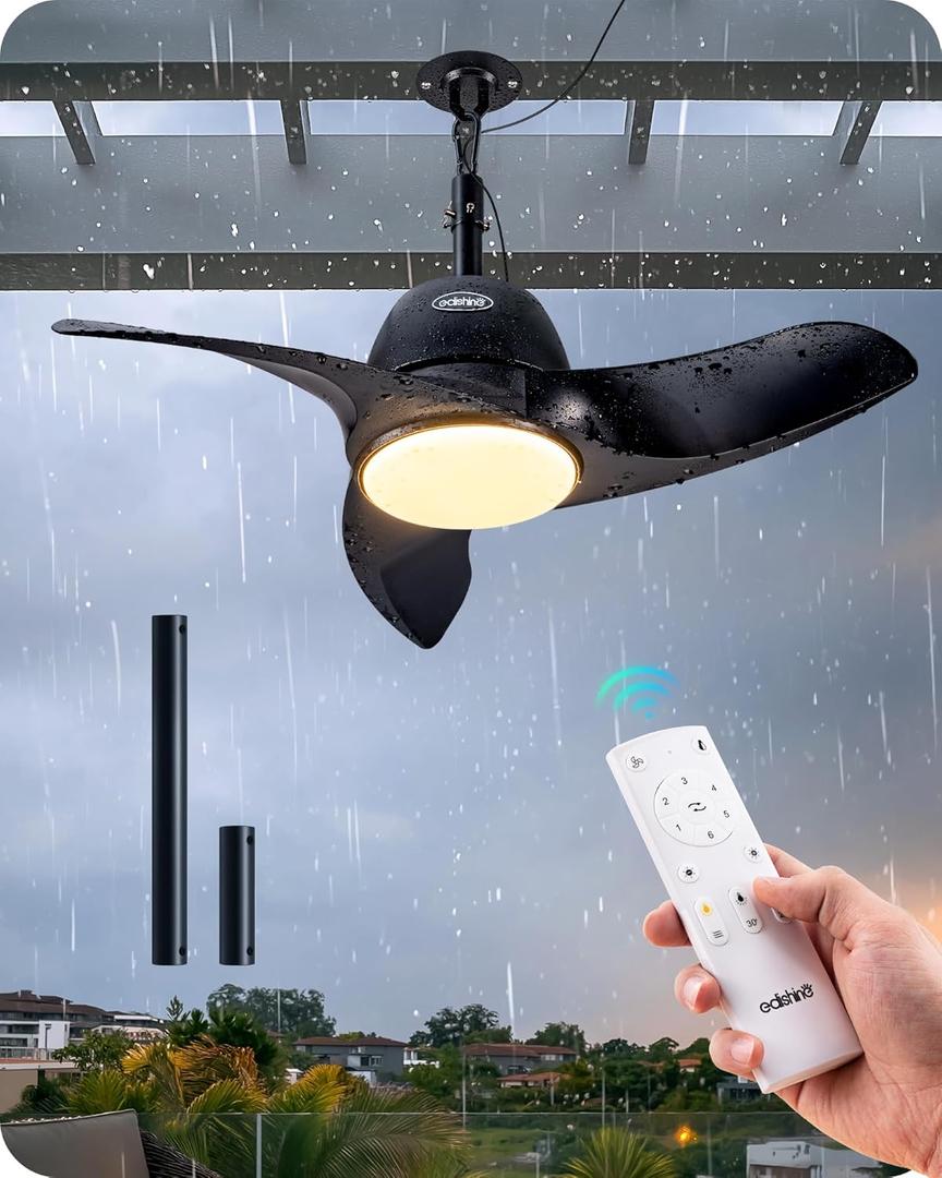 EDISHINE 30 Outdoor Ceiling Fan with Light and Remote, IP66 Waterproof Gazebo Fan Hanging with Hook, 3CCT 6 Speed DC Motor, Matte Black Blades, Plug in Wet Rated Fan for Patio, Pergola, Porch, Garage