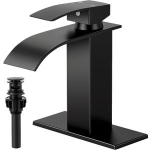 Matte Black Bathroom Faucets, Waterfall Bathroom Sink Faucet Single Handle Bathroom Faucet for 1 or 3 Hole, Mixer Tap Vanity Faucet with Deck Plate, Pop-up Drain and Supply Hoses