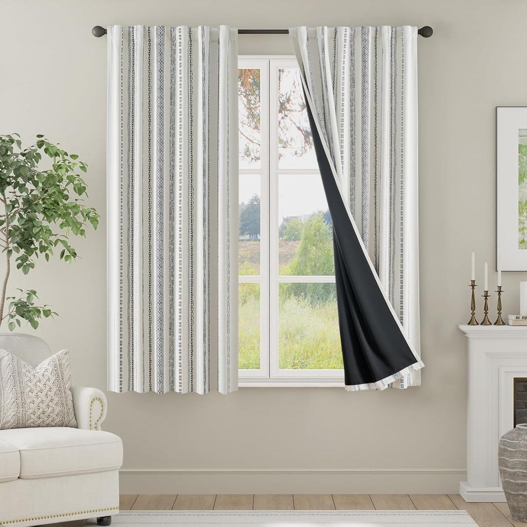 jinchan 100% Blackout Curtains 63 Inches Long for Bedroom, Boho Insulated Curtains Blue Printed on Beige Geometric Drapes Back Tab Rod Pocket Room Darkening Retro Farmhouse Pattern 2 Panels