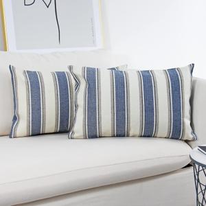 JOJUSIS Stripe Throw Pillow Covers Farmhouse Pillowcases Pack of 2, 12 x 20 Inch Blue