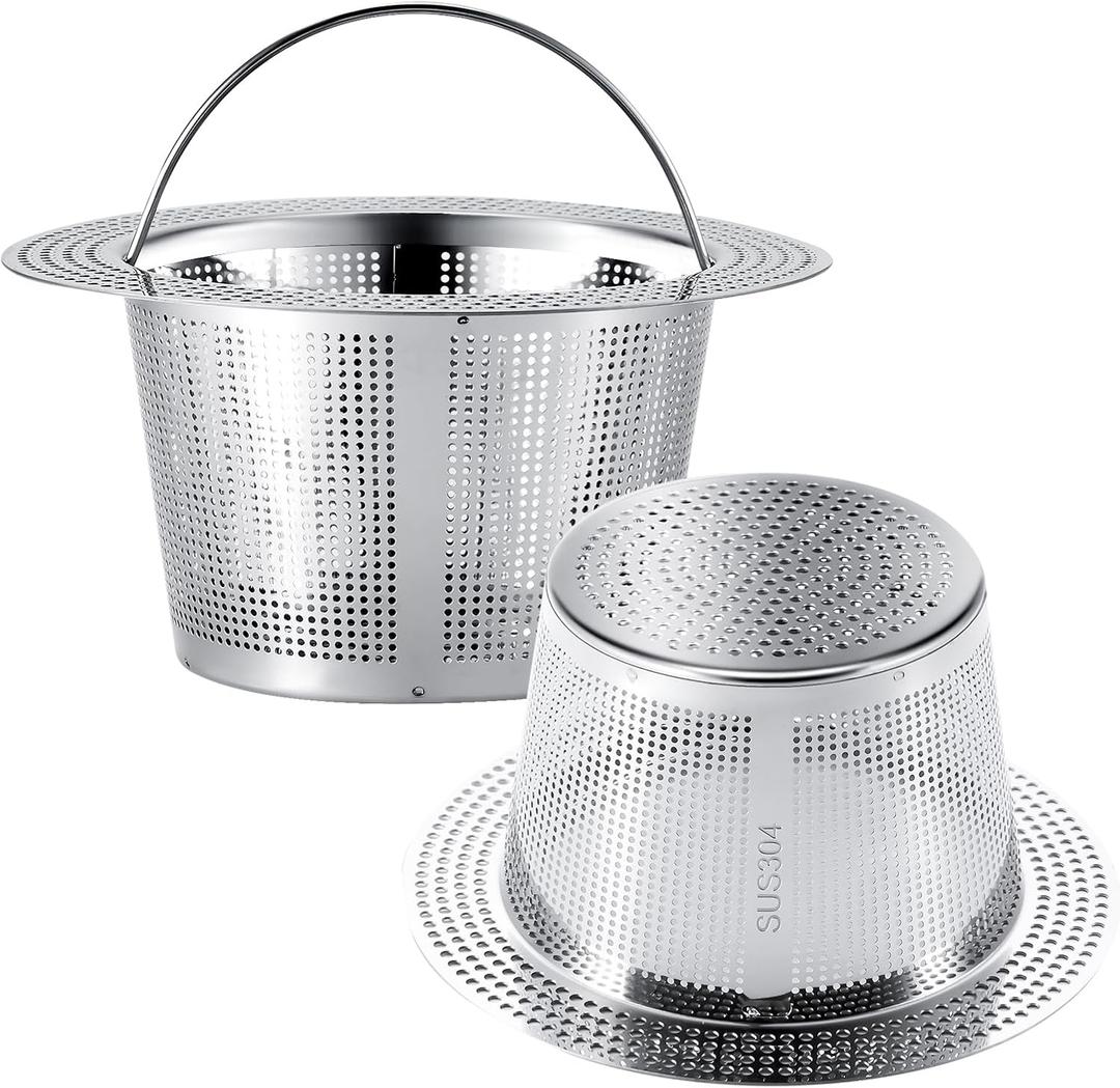 Xonusin 2 Pc Kitchen Sink Drain Strainer, 304 Stainless Steel with Portable Handle for Standard 3-1/2 Inch Drain, Large 4.21 Inch Basket