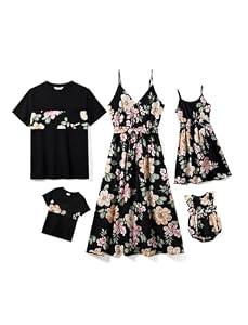 PATPAT Matching Family Outfits Mother Daughter Matching Dresses Casual Floral Print Spaghetti Strap Mommy and Me Beach Dresses Allover Black Floral Print Hawaiian Outfit for Toddler Girl 4t 5t