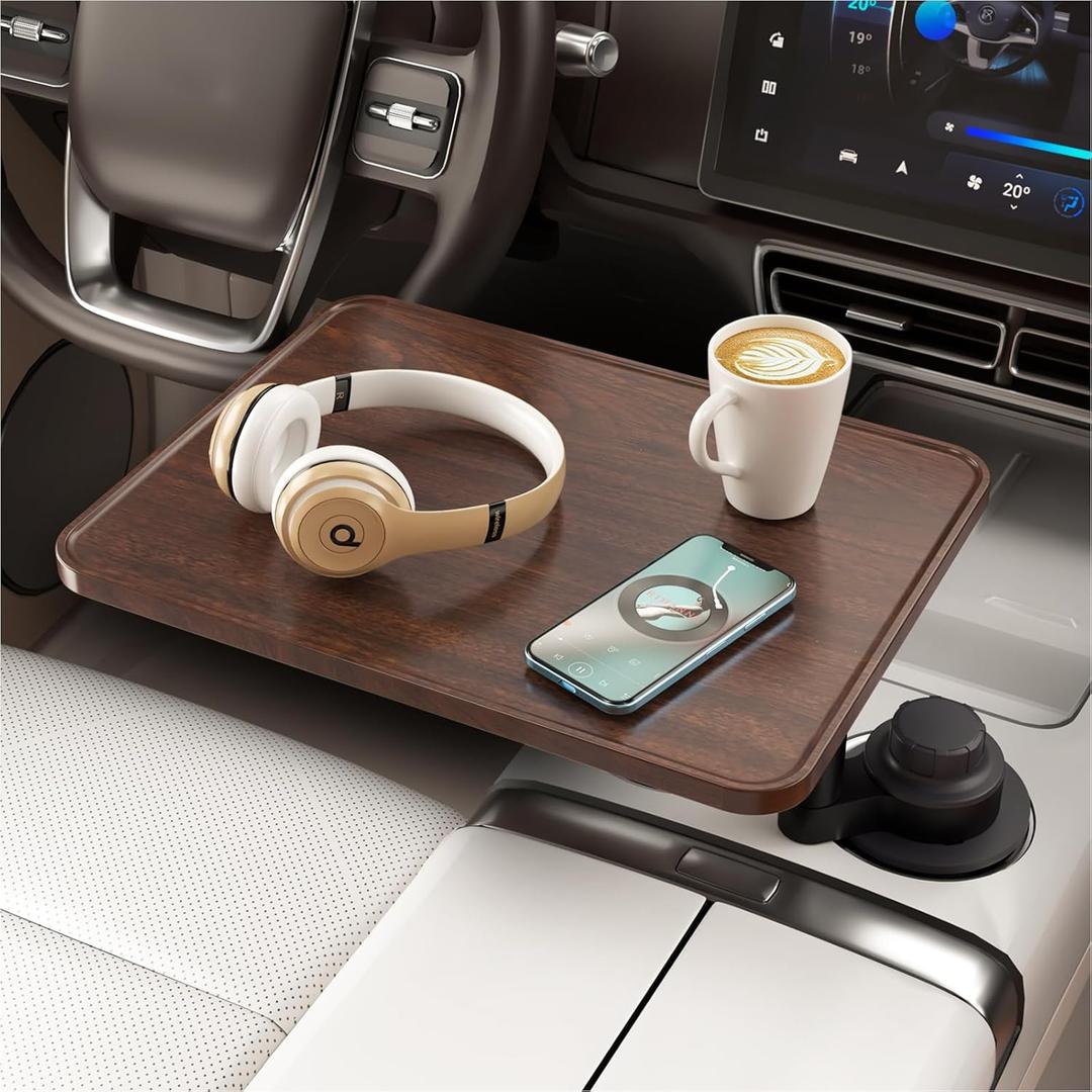 360° Rotating Wood Car Tray & Desk for Laptop  Steering Wheel Cup Holder Table, Car Accessories for Women & Men, Compatible with Tesla Model Y/3/S, Ford F150/Explorer/Maverick & Most Vehicles