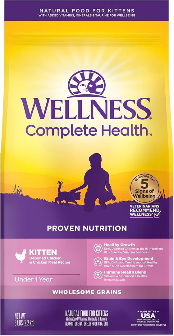 Wellness Complete Health Kitten Dry Cat Food for Indoor & Outdoor Cats, Wholesome Grains, Natural, Original Turkey, Turkey Meal and Chicken (5 Pound Bag)