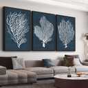 Large Framed Coral Wall Art - Navy Blue Coastal Wall Decor Painting 16"x24" Set of 3 Minimalist Beach Wall Art Prints Rustic Ocean Coral Canvas Pictures for Living Room Bedroom Office Artwork, 16"x24"x3 Framed
