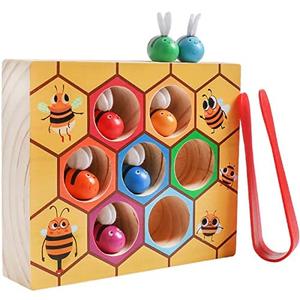 Toddler Fine Motor Skill Toy, Clamp Bee to Hive Matching Game, Montessori Wooden Bee Hive Toys, Wood Color Sorting Puzzle Early Learning Preschool Educational Gift for 2 3 4 Years Old Kids