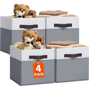 Criusia Fabric Storage Cubes - 11 Inch Collapsible Storage Bins 4 Pack - Clothes Organizer Bins for Closet, Shelves, Cube Organizer/Home Organization and Storage Baskets for Organizing Toys Blanket (White with Grey)