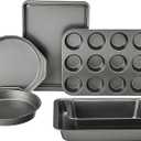 Amazon Basics 6 Piece Nonstick Carbon Steel Bakeware Set with Cake, Muffin, Cookie, and Loaf Pans, Easy Release, Oven Safe, 16.25 x 11.75 x 6.25 inches