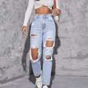 Floerns Women's Ripped High Waist Boyfriend Jeans Distressed Stretchy Denim Pants (Blue, S)