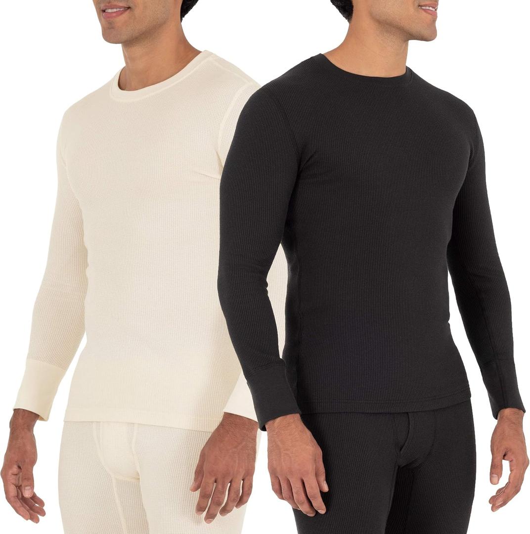 Fruit of The Loom Mens Recycled Waffle Thermal Underwear Crew Top (1 and 2 Packs) (Large, Black/Natural)