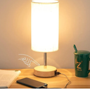 Yarra-Decor Bedside Table Lamp with USB Port - Touch Control for Bedroom Wood 3 Way Dimmable Nightstand Lamp with Round Flaxen Fabric Shade for Living Room, Dorm, Home Office (LED Bulb Included)