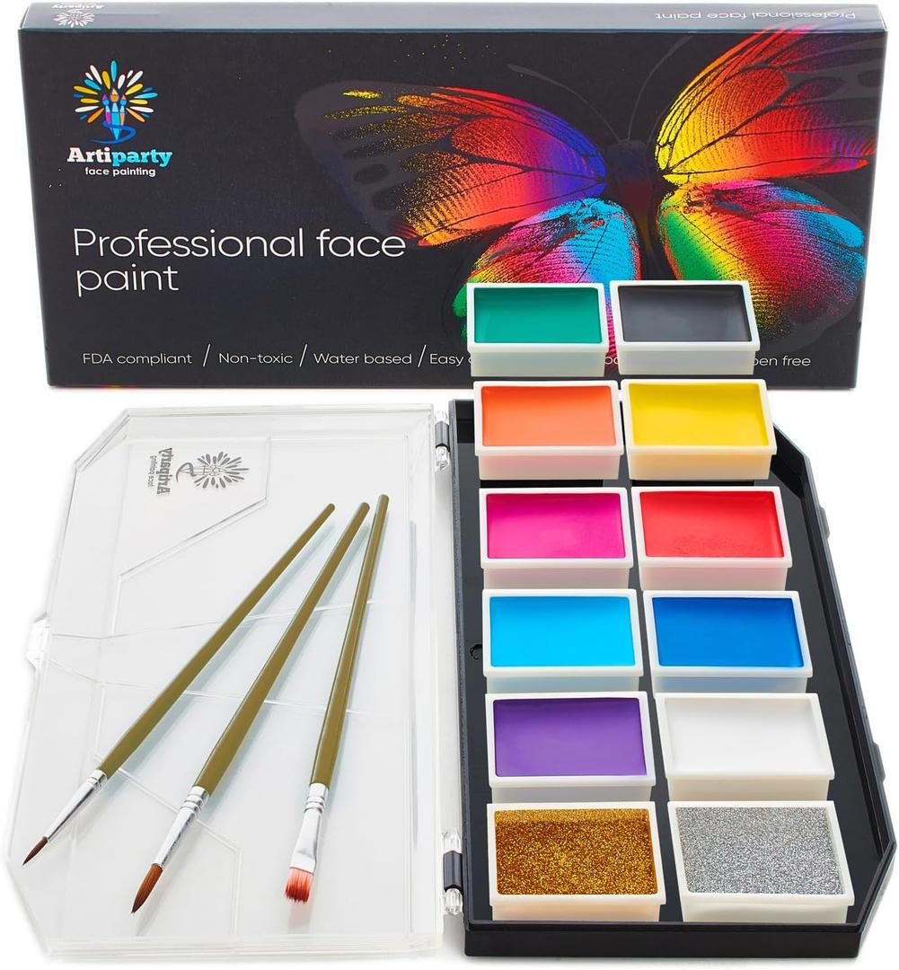 Face Paint Kit  Non-Toxic & Hypoallergenic  Professional Face Painting Kit for Kids & Adults  Cosplay Makeup Kit  Easy to Apply & Remove  Leakproof Dry Glitters (12 pots)