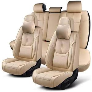 KIDYACWST Auto Car Seat Covers Accessories Full Set Leather Cushion Protector Breathable Waterproof Seat Cover for Cars Universal Fit (Beige, Front Pair and Rear)
