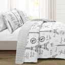 Lush Decor Paris Bonjour Reversible Cotton 3 Piece Quilt Set, King, Black & White