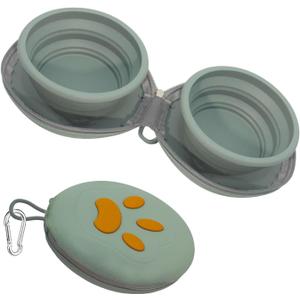 Collapsible Dog Bowls, 2-in-1 Silicone Pet Food and Water Bowl with Carabiner, Portable Double Compartment Dish for Travel, Camping, Hiking Puppy Essentials (Green)