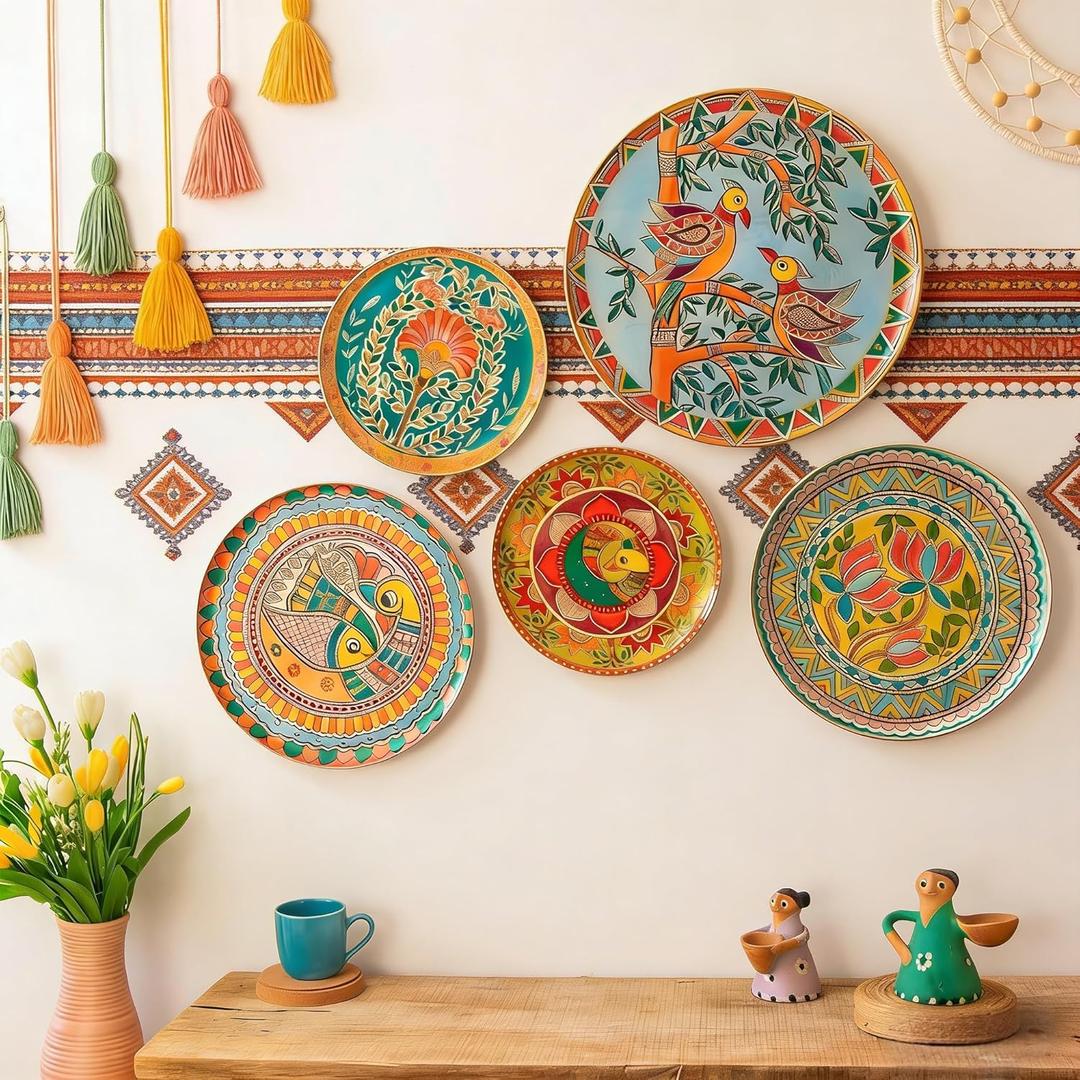 JFUJFU Madhubani Indian Art Wall Decor - Metal 3D Hanging Plates for Home (Set of 5)
