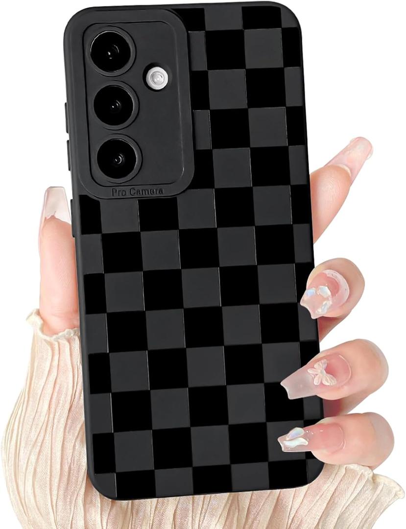 KANGHAR Compatible with Samsung Galaxy S25 Plus Case, Silicone Checkered Cute Pattern, Camera Protection Soft Slim Phone Case for Girls Women -Black