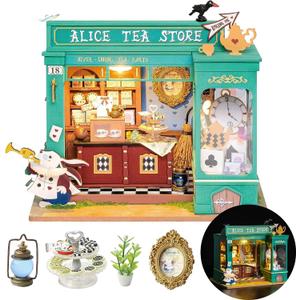 Rolife DIY Miniature House Kit Alice's Tea Store, Tiny House Kit for Adults to Build, Mini House Making Kit with Furniture, Halloween/Christmas Decorations/Gifts for Family Friends (Alice's Tea Store)