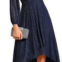 Women Dress Midi Wedding Dress Elegant High-Low Chiffon with V-Neck and Silver Stripe Long Sleeve Glitter Evening Dress 02266