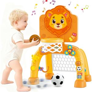 2 in 1 Basketball Hoop and Soccer Goal Set, Toddler Sports Toy for Indoor Outdoor Play, Perfect Christmas Birthday Gift for Baby Boys and Girls 1 2 3 Year OldLion Theme