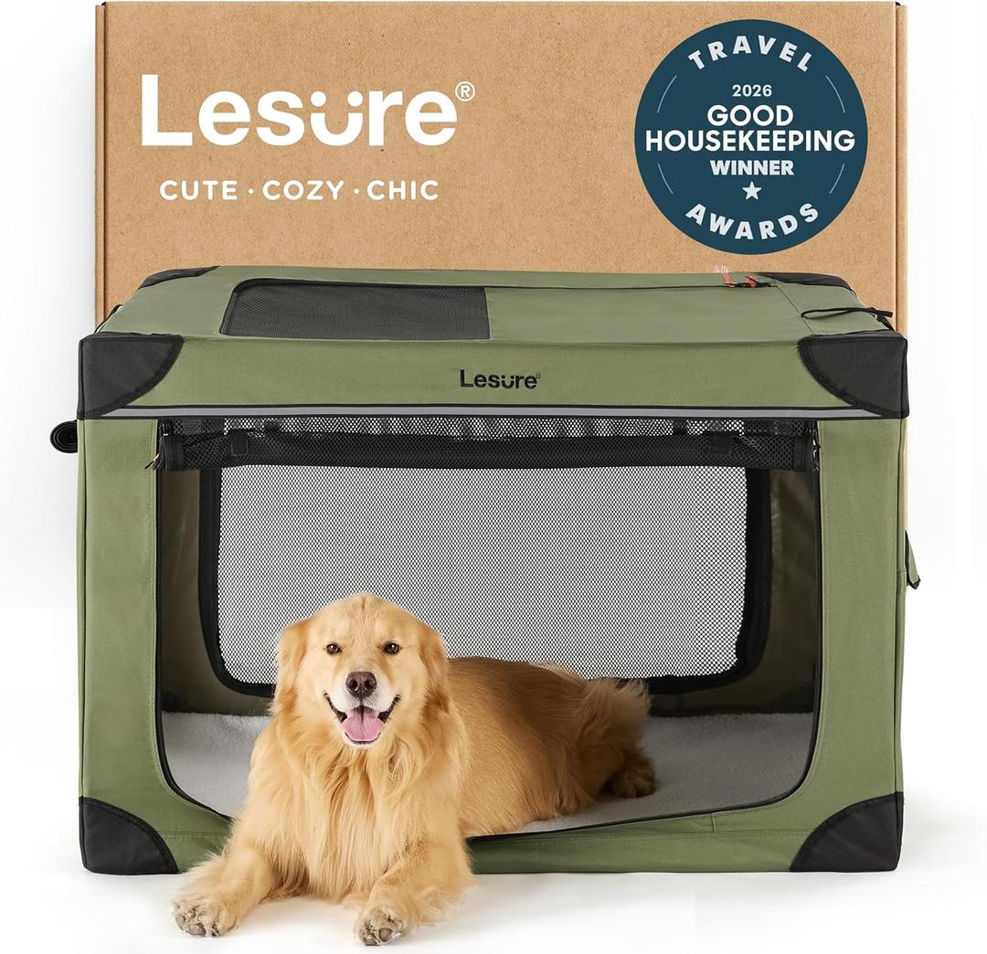 Lesure Shown on TODAY Show Soft Collapsible Dog Crate - 42 Inch Portable Travel Crate for Extra Large Dogs Indoor & Outdoor, 4-Door Foldable Pet Kennel with Mesh Windows, Green