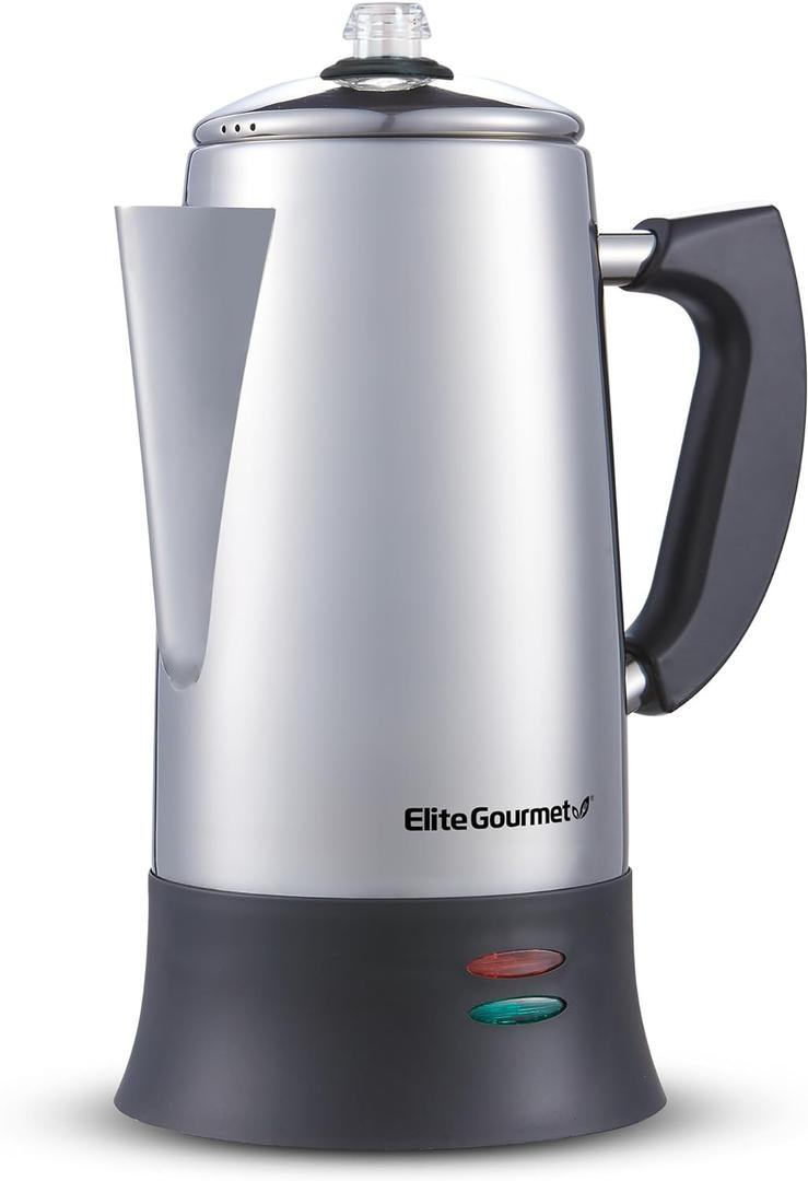 Elite Gourmet EC924 Electric Coffee Percolator, BPA Free, Keep Warm, Clear Brew Progress Knob, Cool-Touch Handle, Cordless Serve, 12-Cup, Stainless Steel