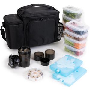 ThinkFit Large Black Meal Prep Lunch Bag, 8 Portion Control Containers, Pill Dispenser, Shaker Cup & 2 XL Reusable Ice Packs