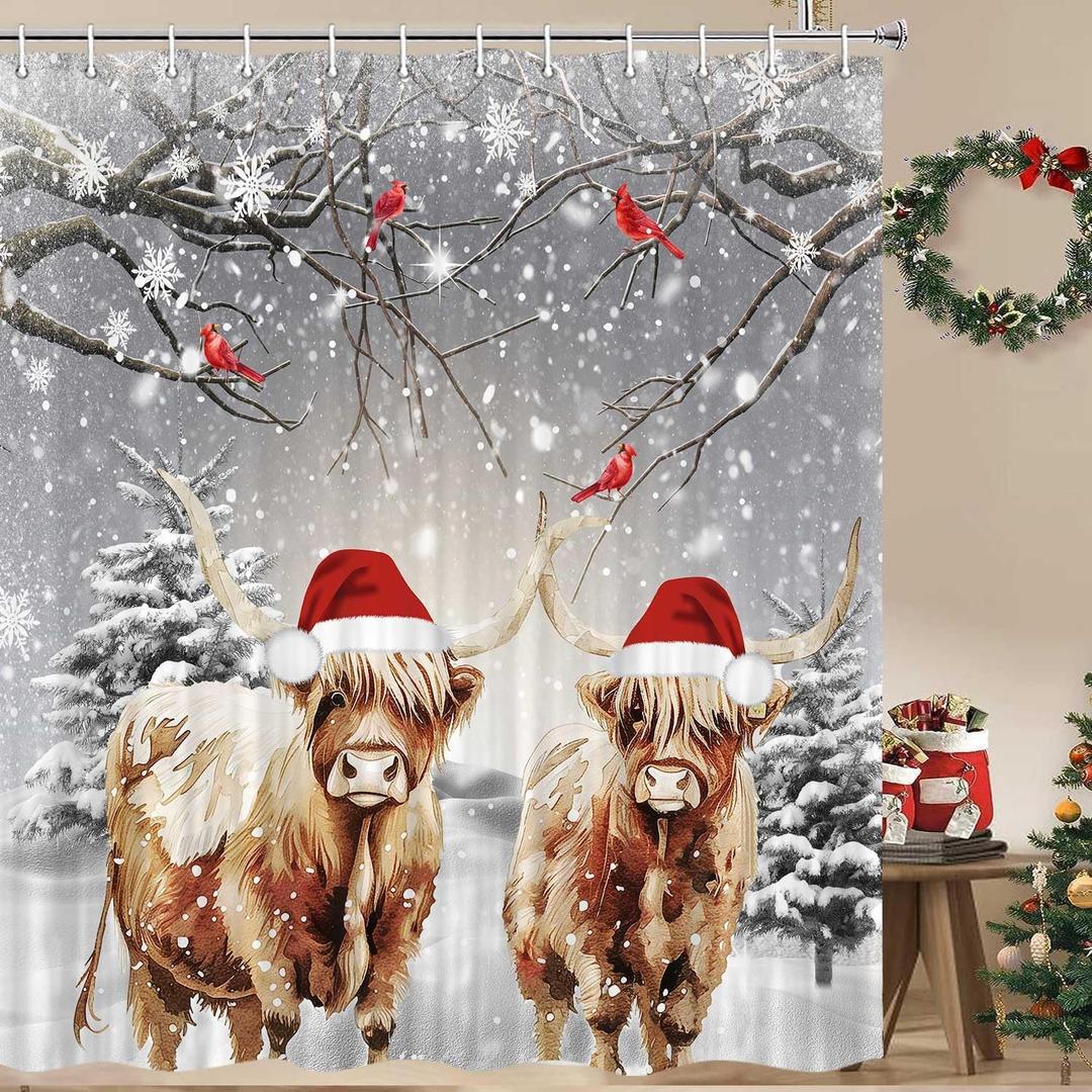 Christmas Shower Curtain, Cute Christmas Cow Shower Curtain Snowflake Winter Holiday Shower Curtain, Xmas Winter Scene Shower Curtain Set with Hooks, 72X72Inch, Pink (Red)