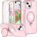 for iPhone 15 Plus Full Body Shockproof Case with Magnetic Invisible Stand [Compatible with MagSafe] Built-in Screen Protector Military Drop Protection Translucent Phone Cover -Pink