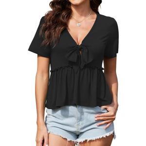 ArtJuly Womens Sexy V Neck Tops Summer Cute Ruffle Shirts Cutout Tie Bow Blouse Short Sleeve Crop Tops (Large, Black)