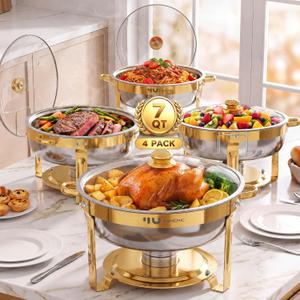 7QT Gold Chafing Dishes for Buffet, 4 Pack Round Chafer Set