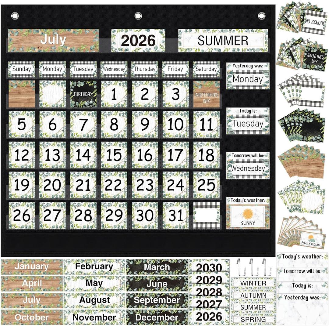 Sinload Classroom Calendar Pocket Chart Set Calendar Bulletin Board Set Seasons Festival Weather Pocket Chart for Classroom Decoration with 3 Metal Hooks Back to School Supplies (Greenery,Black)