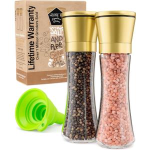 Home EC Original Gold Salt and Pepper Grinder Set of 2 - Adjustable Ceramic Grinder - Tall Glass Salt and Pepper Shakers With Funnel and Ebook - Kitchen Spice Mill - Gold Kitchen Accessories